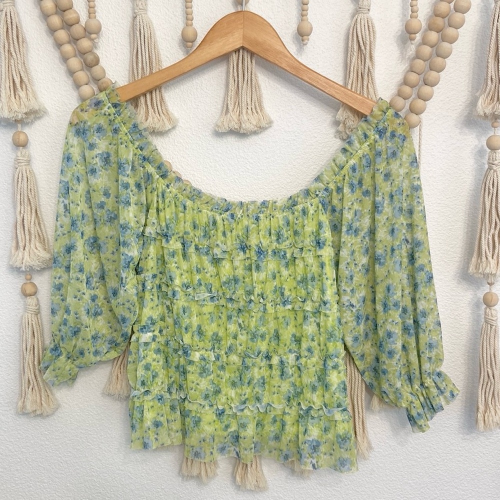 SO Smocked off shoulder top neon green baby blue tiered mesh 3/4 sleeve large